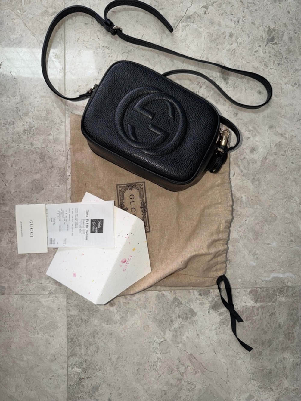 Gucci Black Pebbled Leather Soho Disco Crossbody with Embossed GG